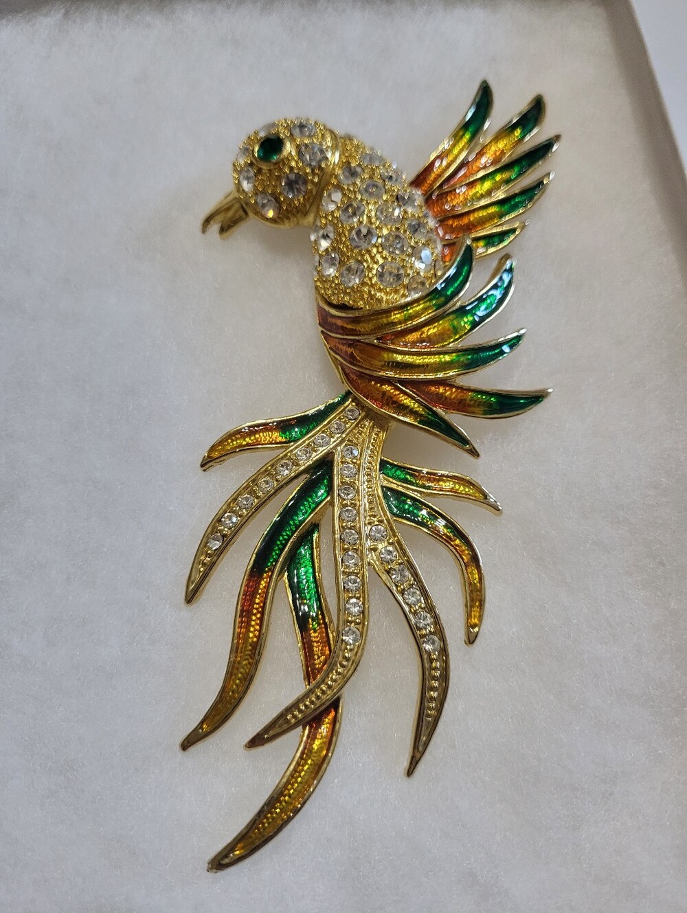 Vintage Gold-Tone Bird Of Paradise Brooch with Green and Orange Enamel Accents